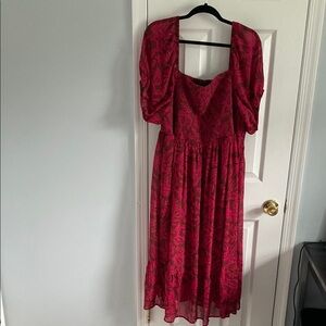 Torrid Pink & Brown Floral Leaf Boho Midi Dress with Ruffle Hem NWT 3X 22/24